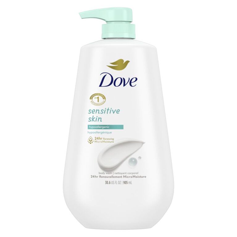 Dove Sensitive Skin body wash bottle with a pump top