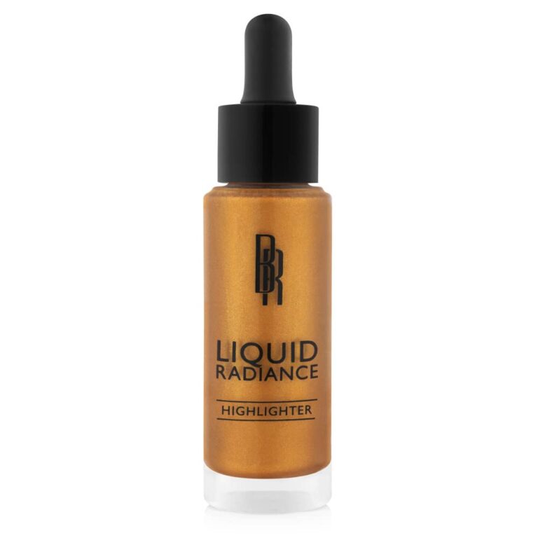 Liquid radiance highlighter bottle with dropper, gold color, and black cap