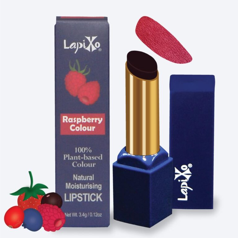 Raspberry-colored lipstick with packaging, a swatch, and berries on a white background