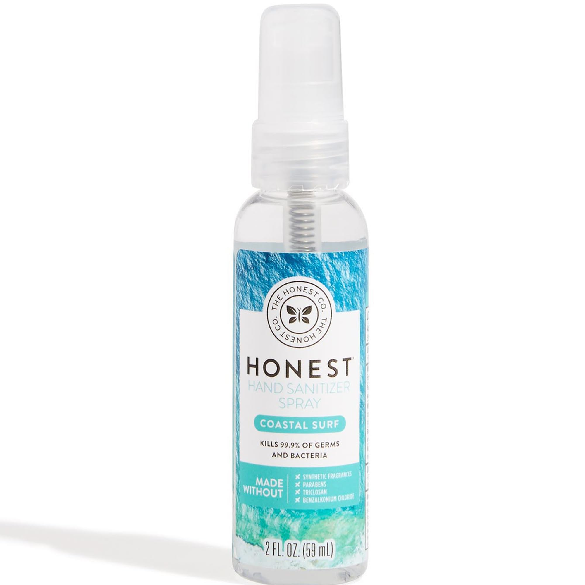 Honest hand sanitizer spray bottle with "Coastal Surf" label and spray top