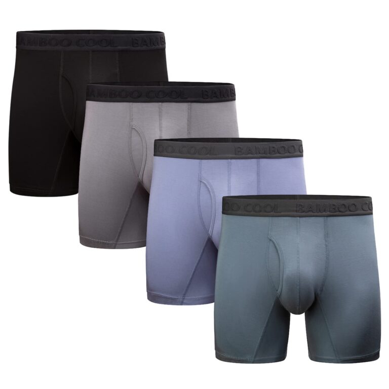 Four pairs of men's boxer briefs in black, gray, blue, and teal colors
