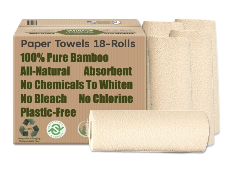 Box of 18-roll bamboo paper towels, eco-friendly, plastic-free packaging