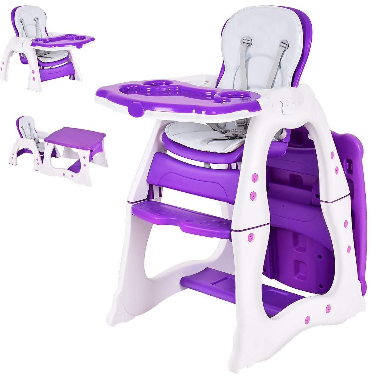 Purple and white convertible high chair and table set for babies