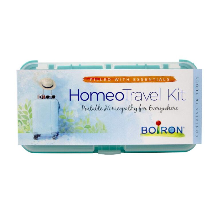 HomeoTravel Kit with a suitcase illustration, containing 16 tubes of essentials
