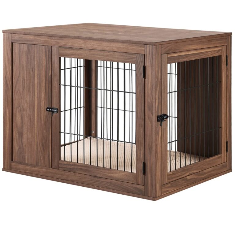 Wooden dog crate with wire doors and a woven mat inside