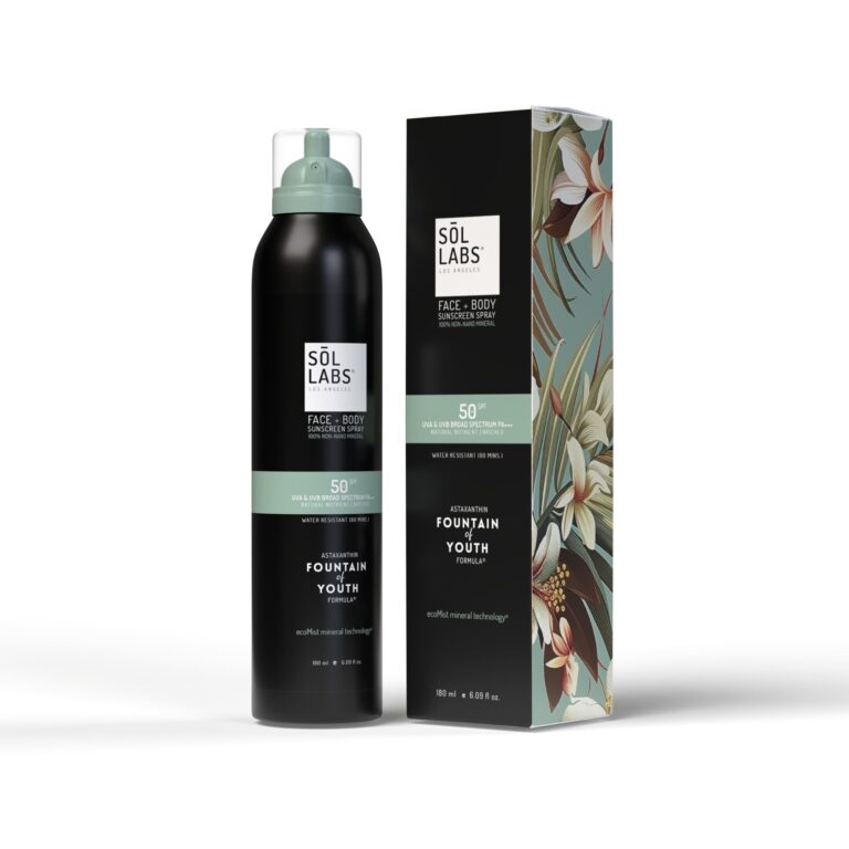 Sol Labs sunscreen spray bottle and box with floral design