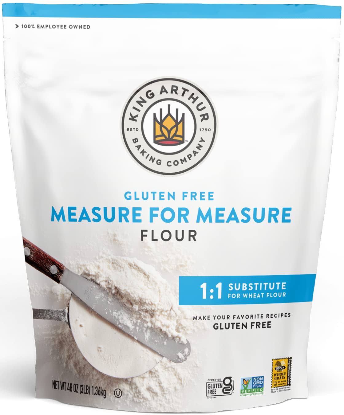 King Arthur Gluten Free Measure for Measure flour bag with flour and spatula