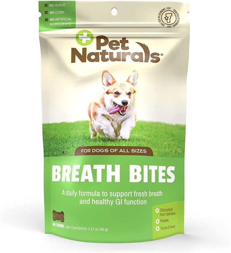 Bag of Pet Naturals Breath Bites dog treats with a corgi