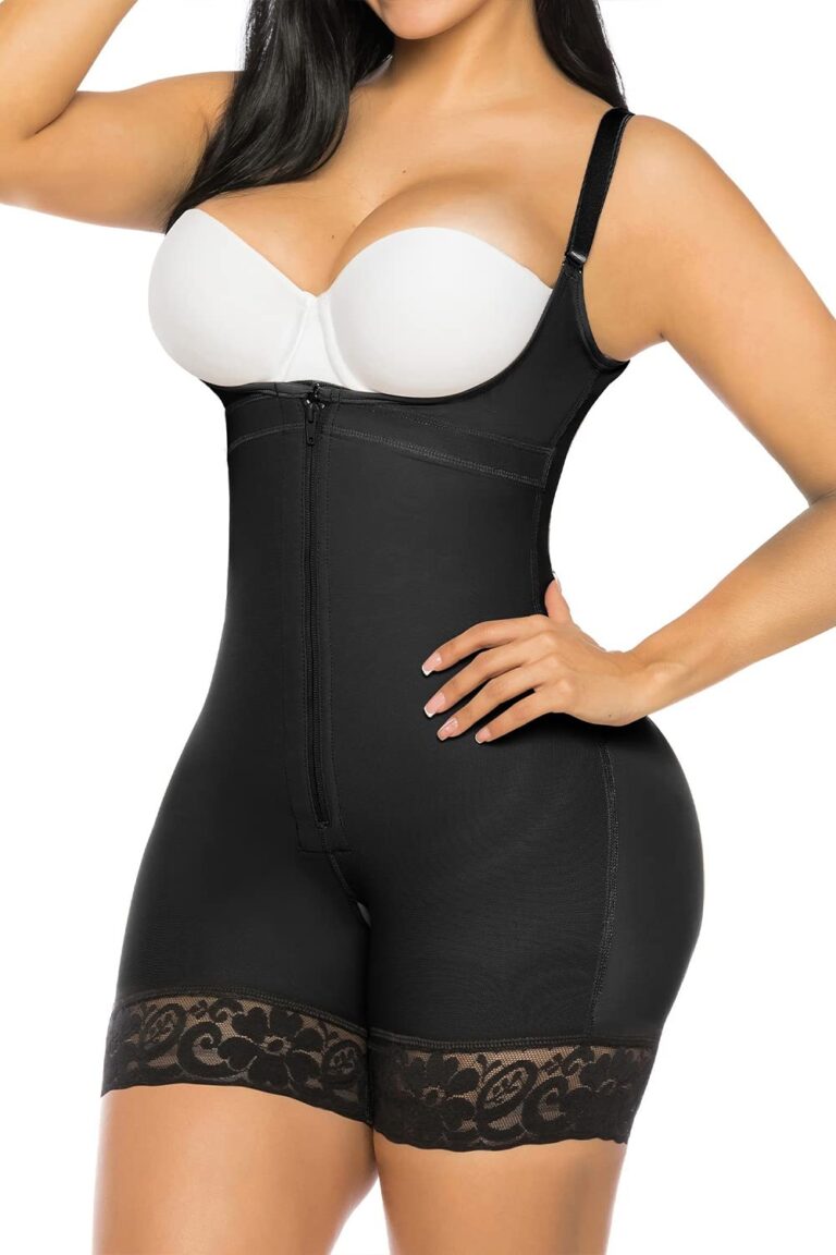 Woman wearing a black body shaper with a zipper and lace trim