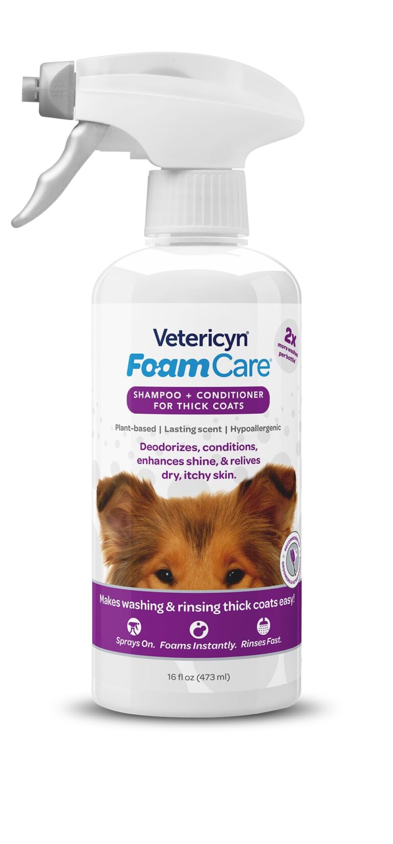 Vetericyn Foam Care dog shampoo bottle with a dog's face on the label
