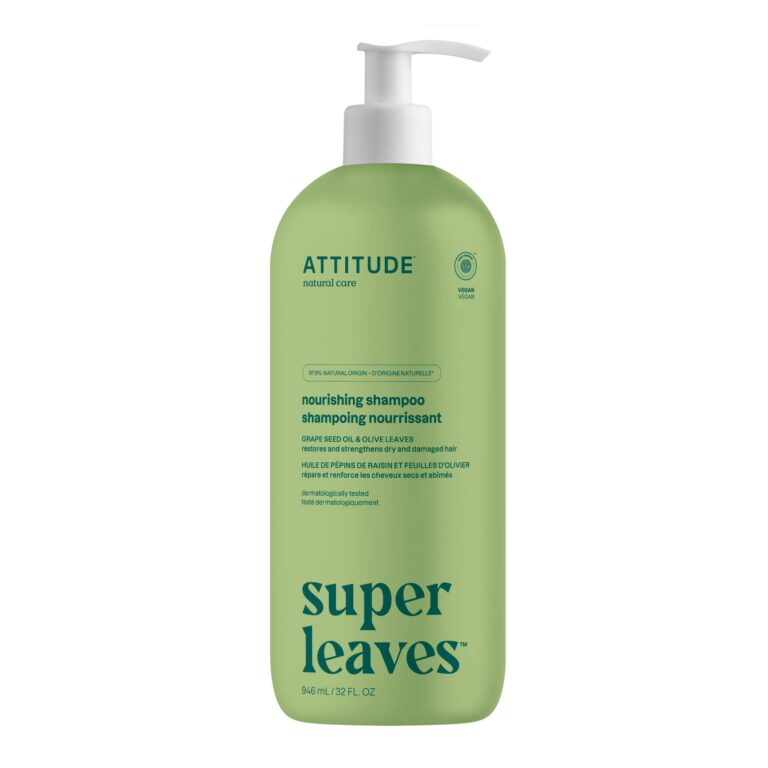 Green bottle of "Attitude" nourishing shampoo with pump dispenser