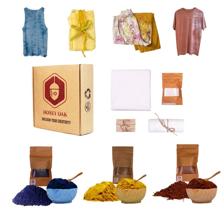 Honey Oak natural dye kit with dyed fabric and powders