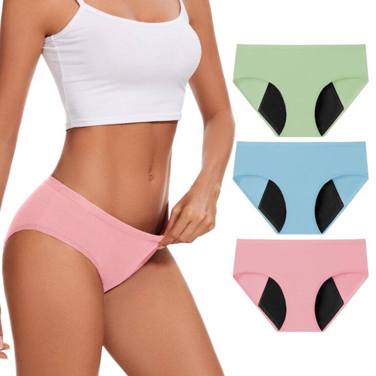 Woman in pink underwear, product shot of period panties in various colors