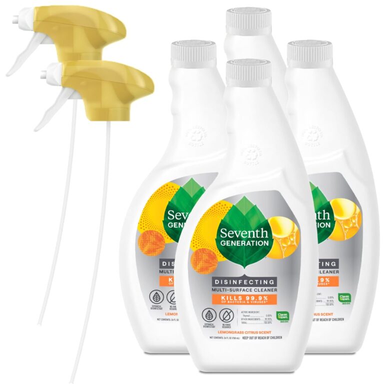 Four bottles of Seventh Generation disinfecting cleaner with spray nozzles