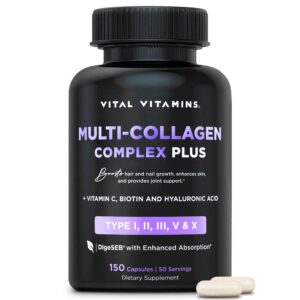 Black bottle of Vital Vitamins Multi-Collagen Complex Plus capsules with two capsules