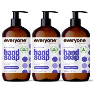 Three bottles of "Everyone" lavender-coconut hand soap with pump dispensers