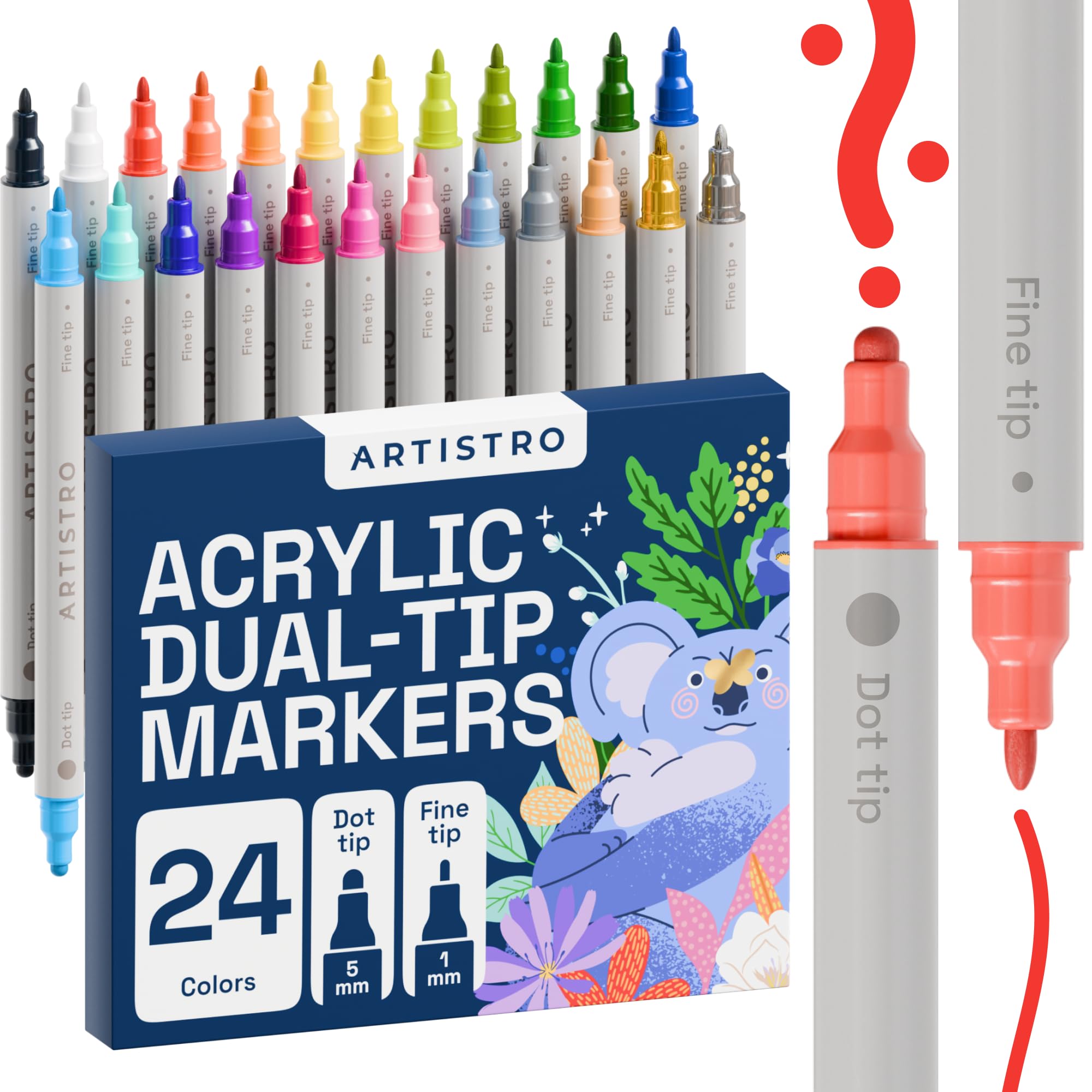 Box of 24 dual-tip acrylic markers in various colors, with a koala illustration