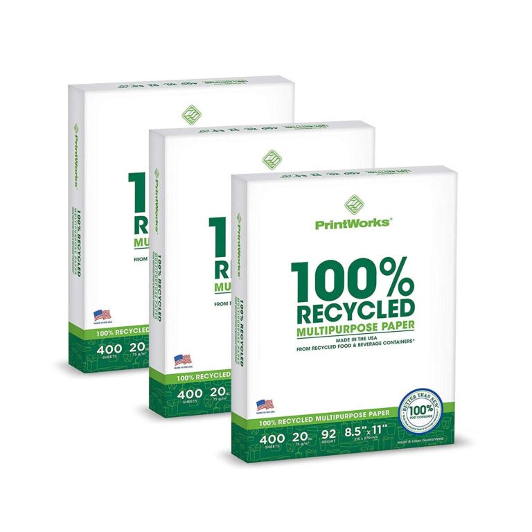 Three stacks of PrintWorks 100% recycled multipurpose paper