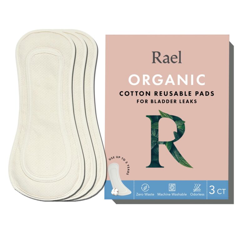 Rael organic cotton reusable pads for bladder leaks, three pads and box