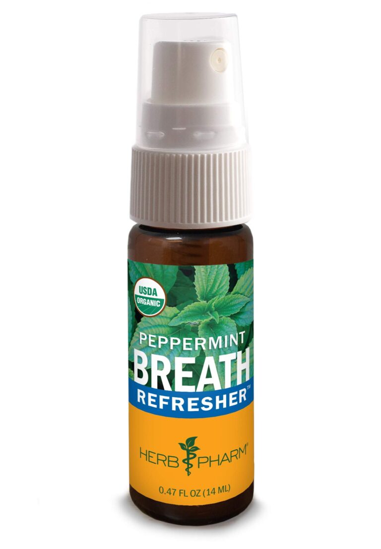 Peppermint breath refresher spray bottle with organic label and logo