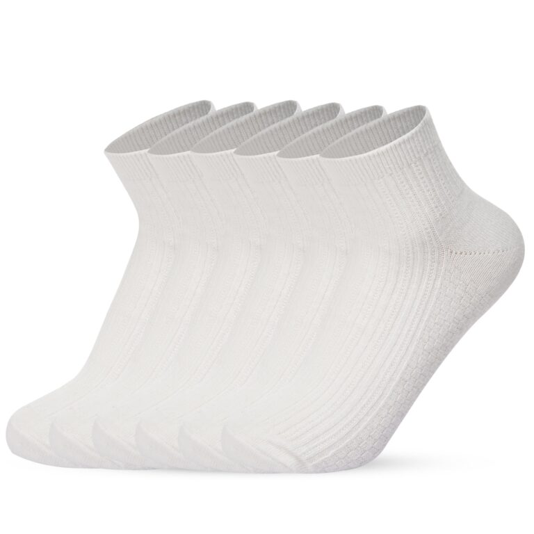Five white ankle socks arranged in a row, angled to the right