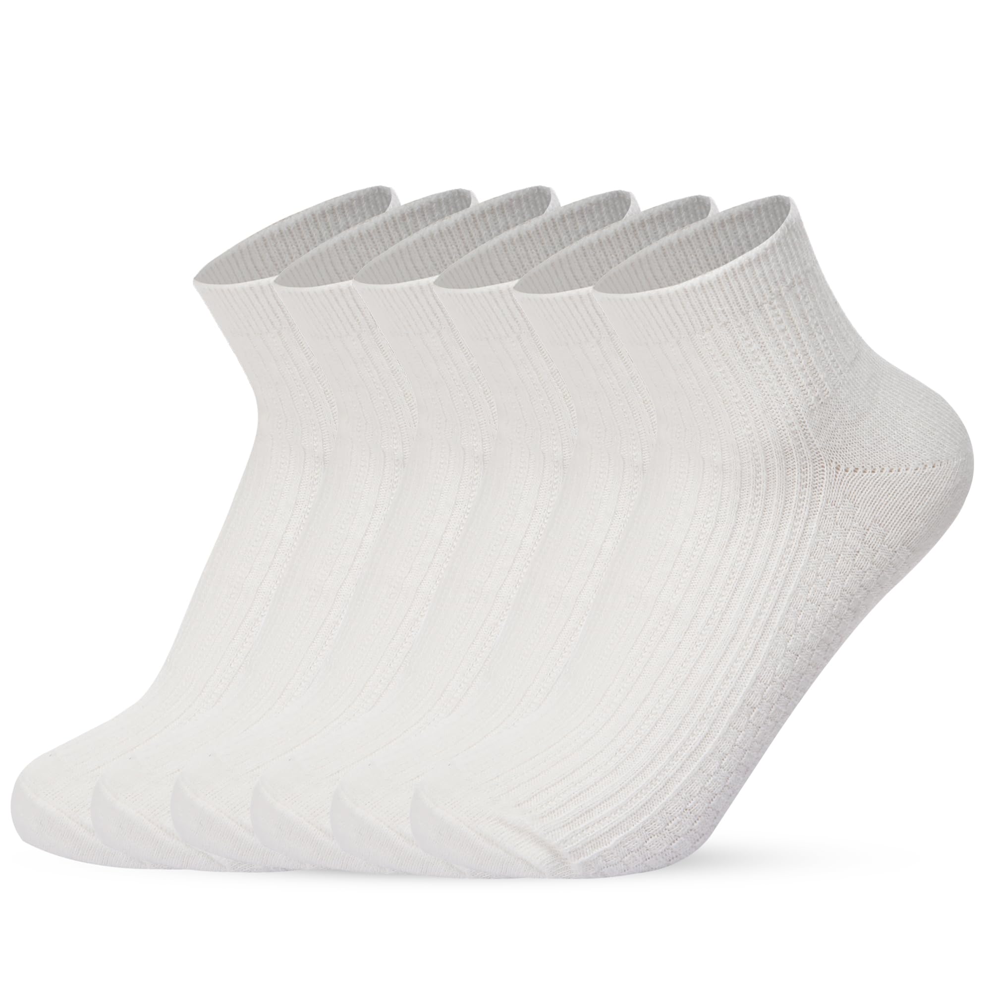 Five white ankle socks arranged in a row, angled to the right