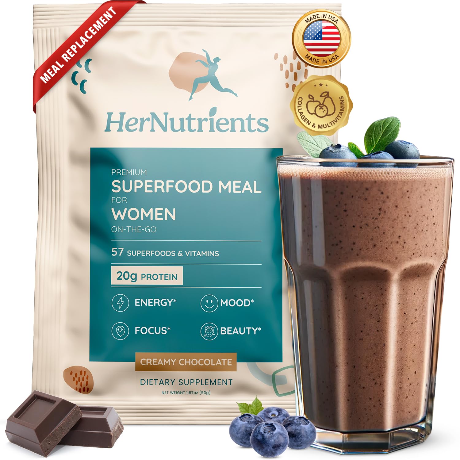 HerNutrients superfood meal replacement for women, with chocolate shake and blueberries
