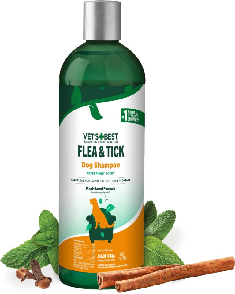 Vet's Best Flea & Tick Dog Shampoo bottle with mint, cloves, and cinnamon