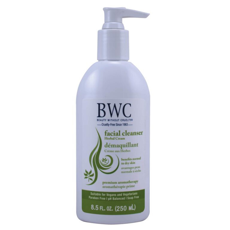 White bottle of BWC facial cleanser with a pump dispenser