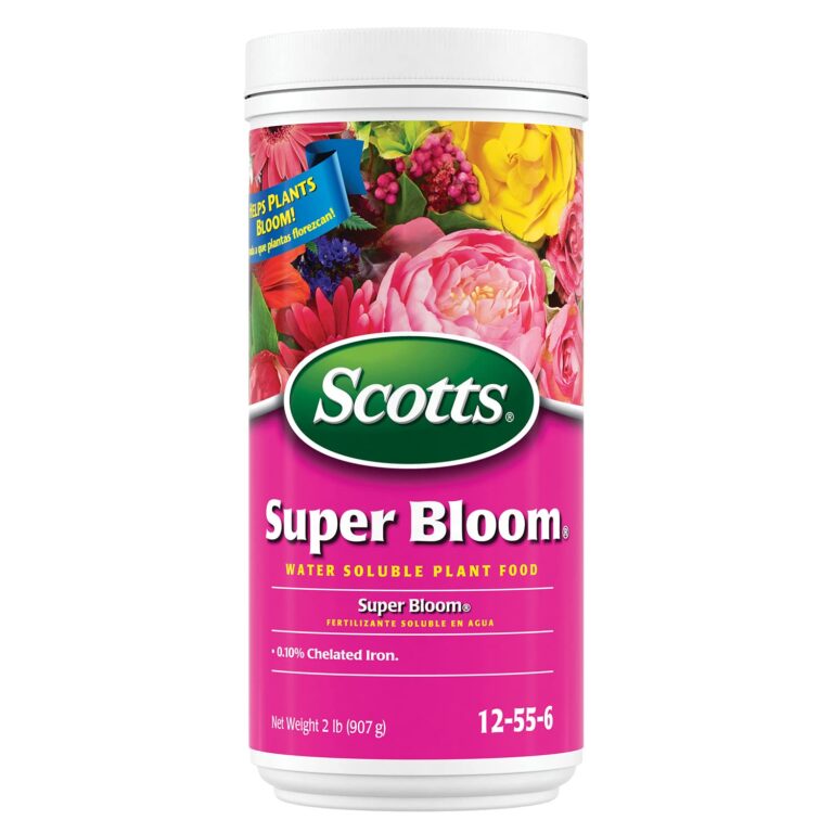 Scotts Super Bloom water-soluble plant food container with floral design and pink label