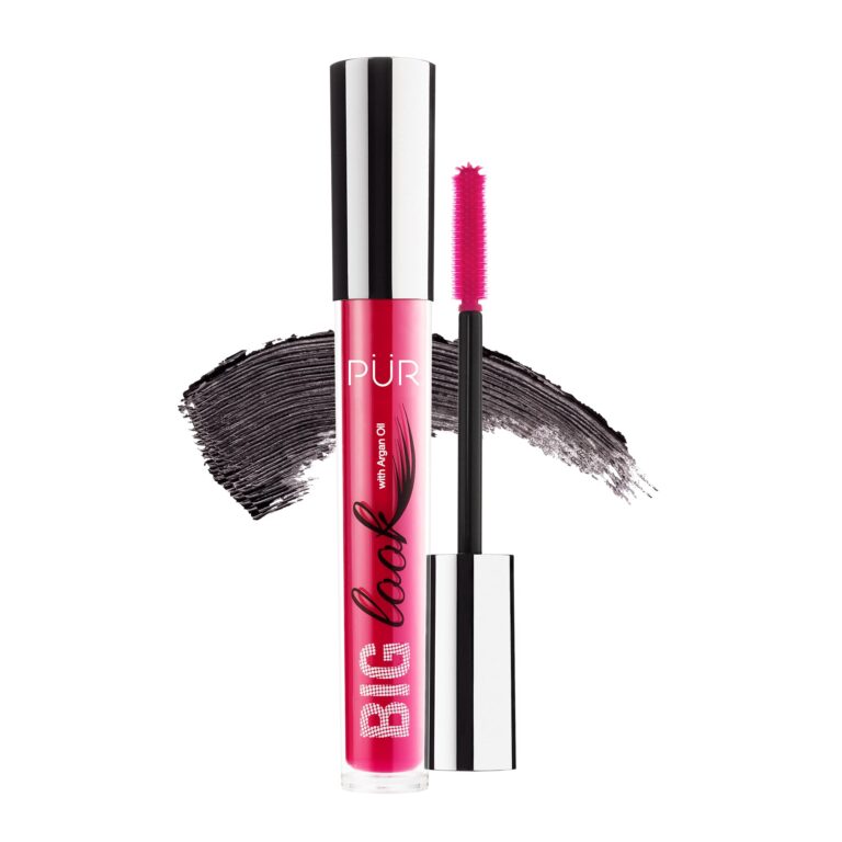 PÜR Big Look mascara with pink tube and brush, black mascara swatch