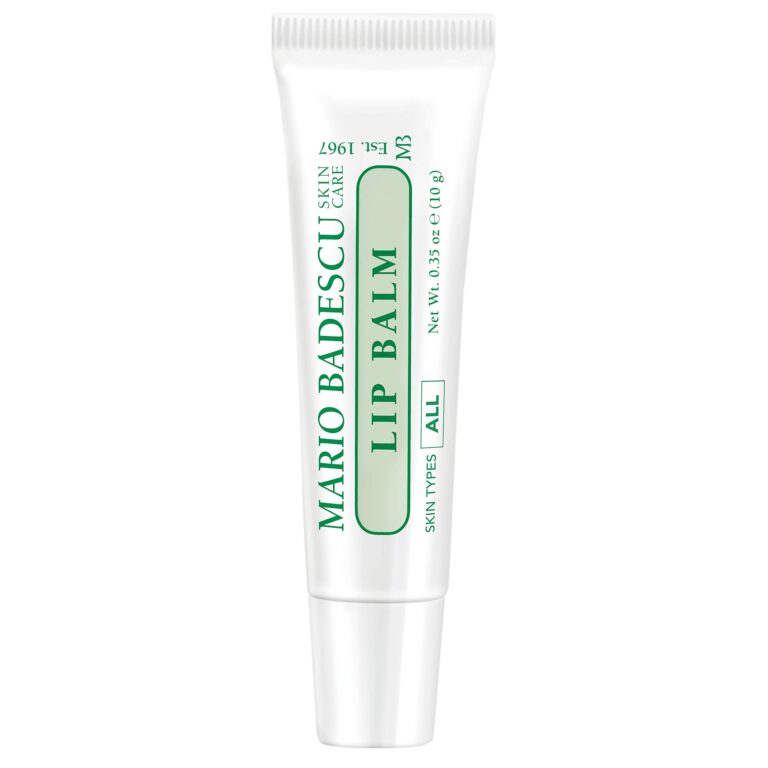 Mario Badescu Lip Balm tube, white with green text and accents