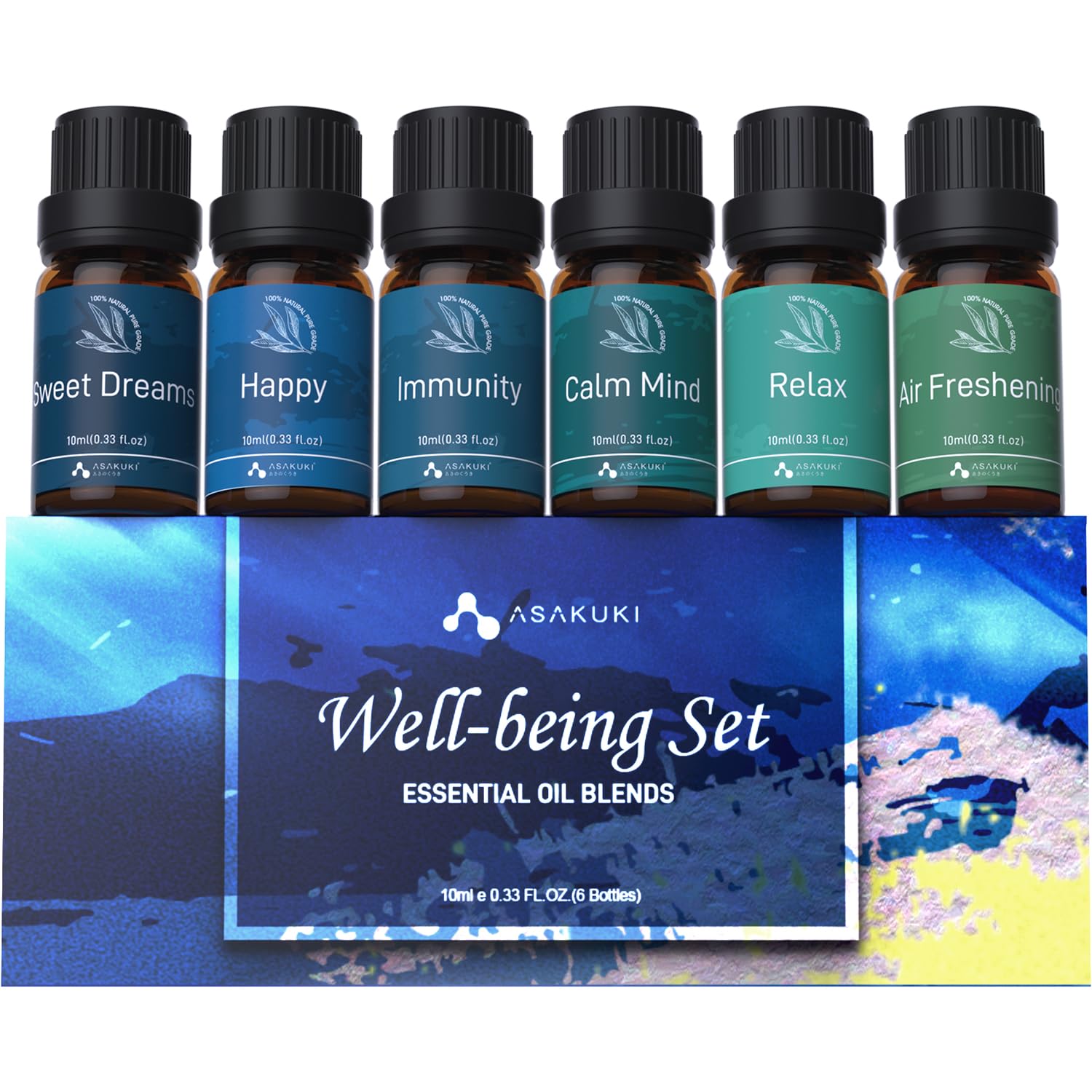 Six essential oil bottles labeled "Well-being Set" with various benefits