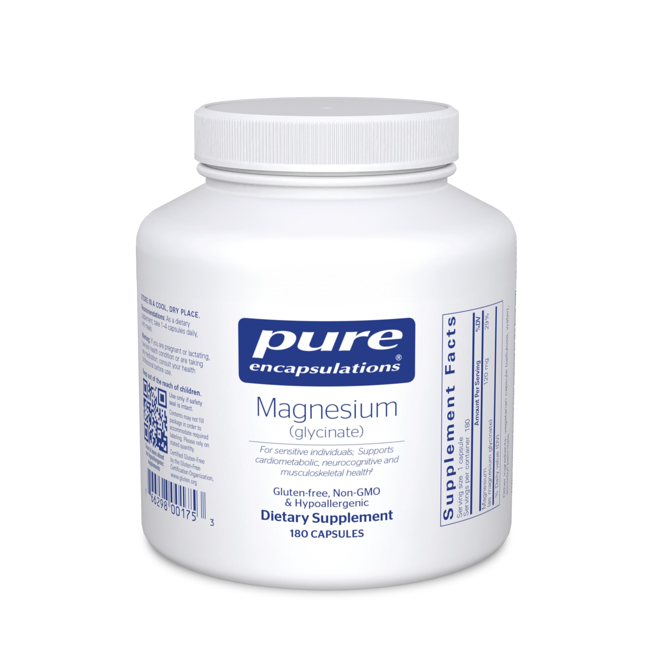 White bottle of Pure Encapsulations Magnesium (glycinate) dietary supplement