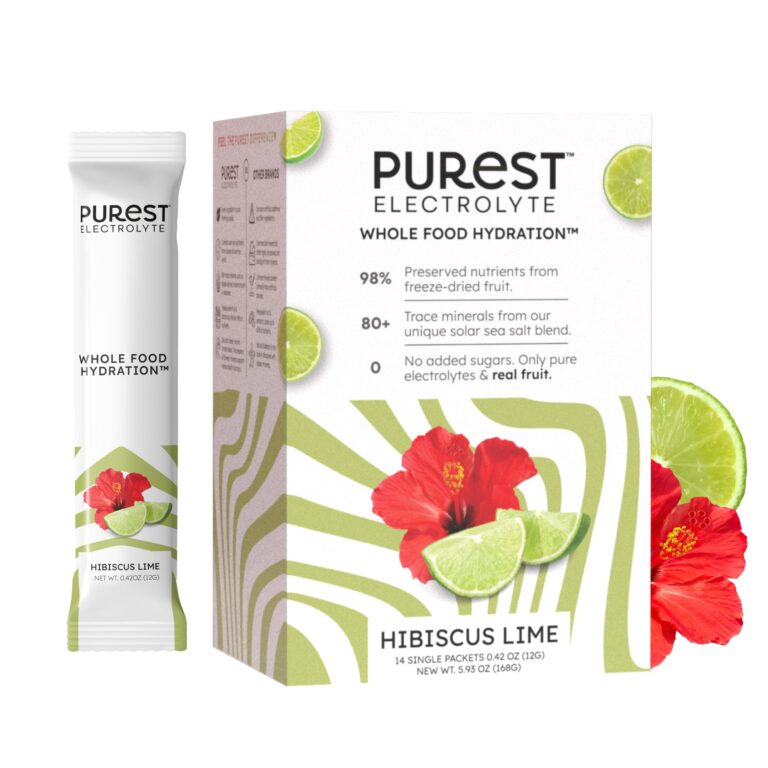 Purest Electrolyte Hibiscus Lime product packaging with lime and hibiscus imagery