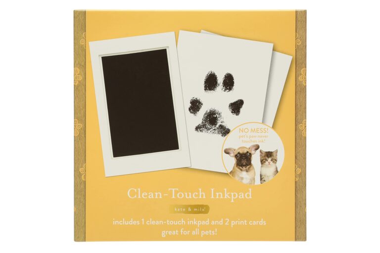 Clean-touch inkpad kit with paw prints, dog, and cat on a yellow background