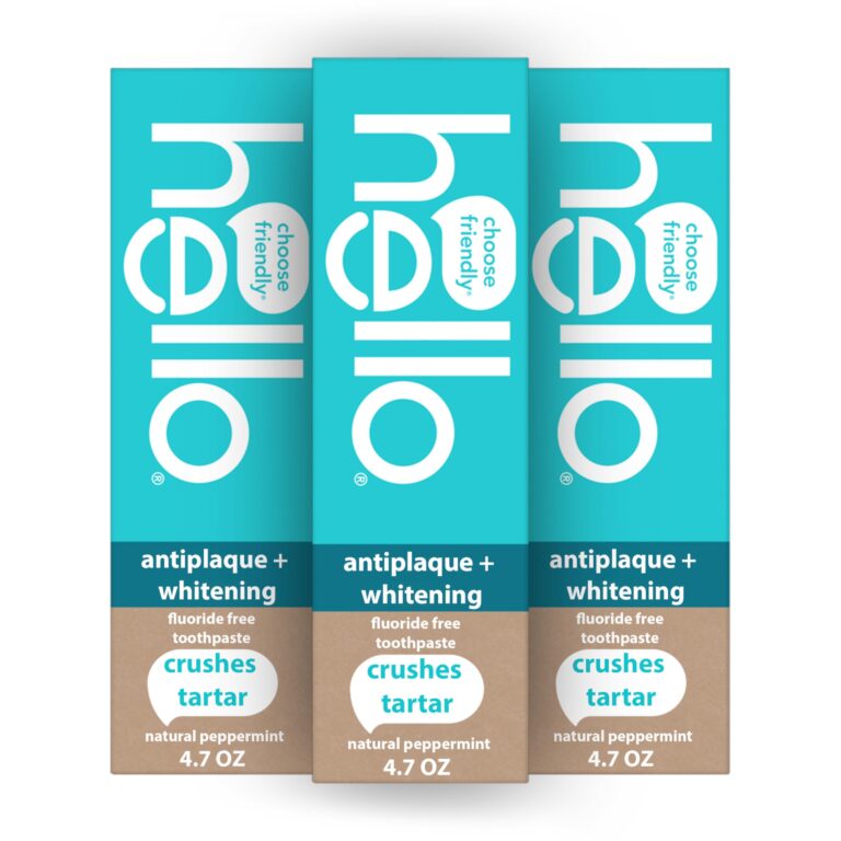 Three tubes of "hello" brand antiplaque and whitening toothpaste