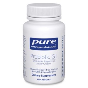 White bottle of Pure Encapsulations Probiotic G.I. dietary supplement with 60 capsules