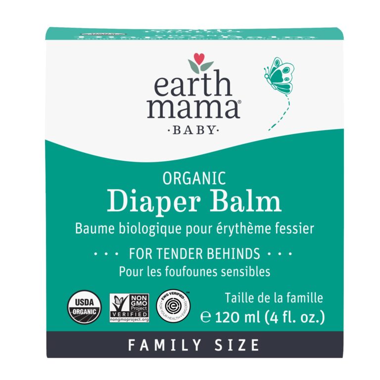 Earth Mama Organic Diaper Balm family size container with certifications