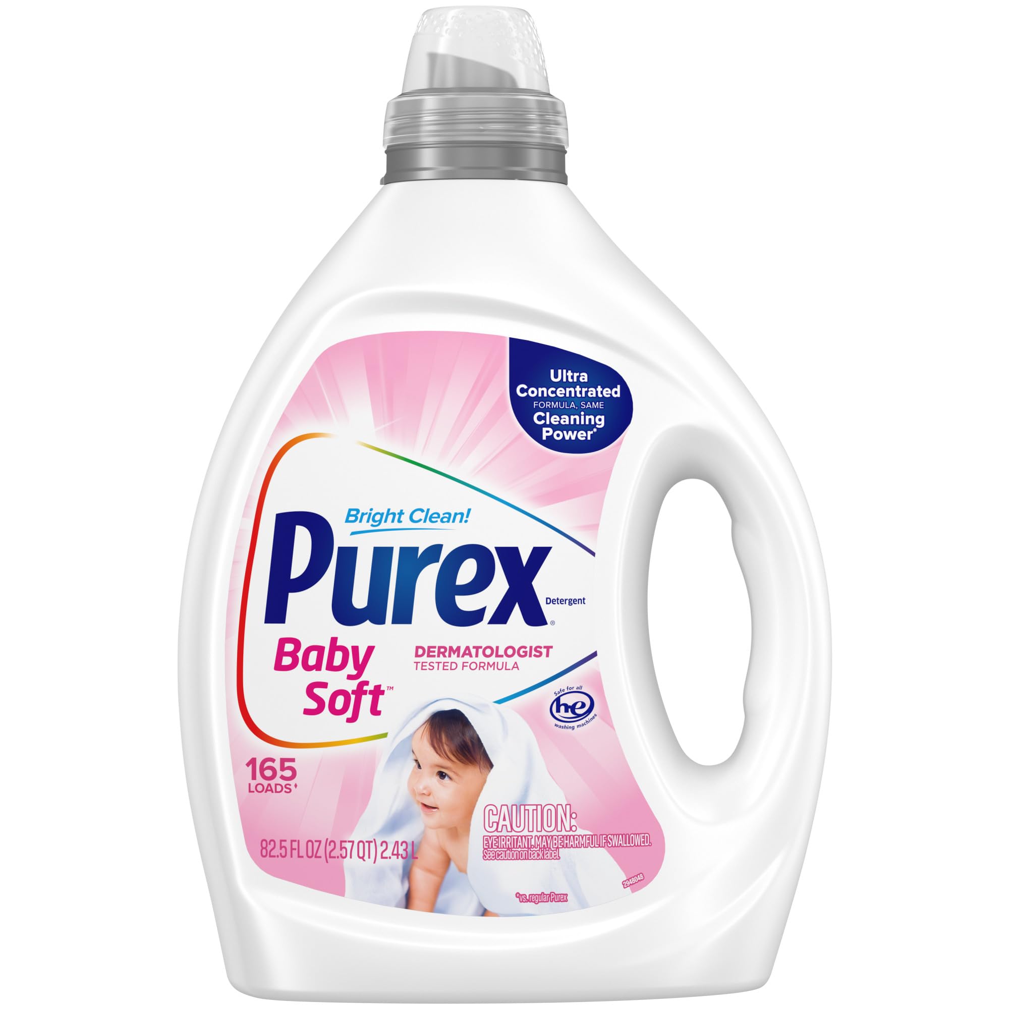 Purex Baby Soft detergent bottle with a baby image and pink accents