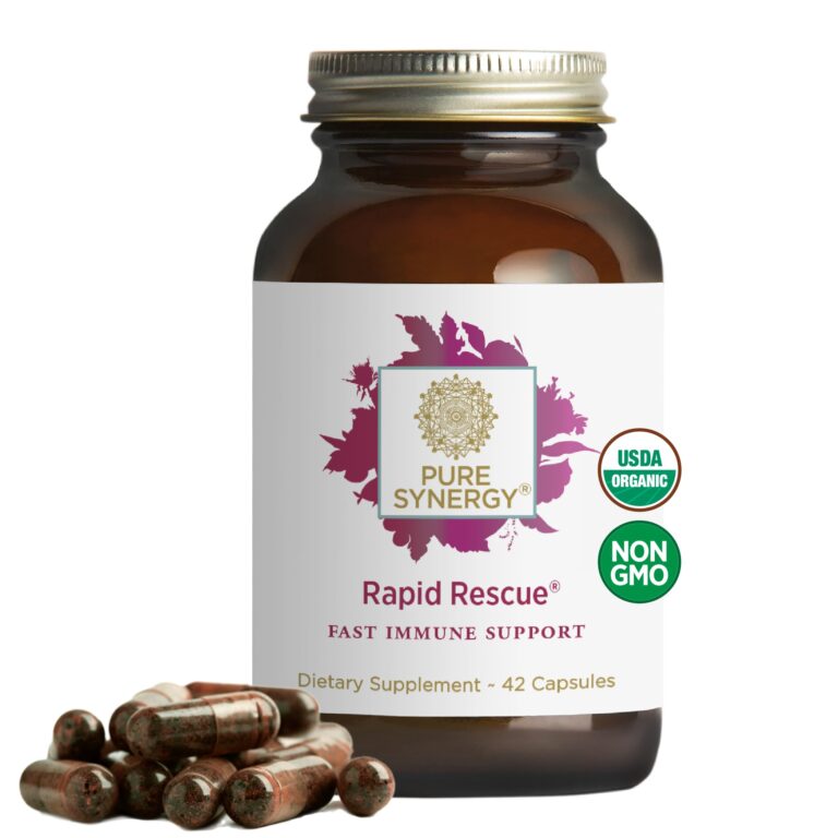 Bottle of Pure Synergy Rapid Rescue capsules with "USDA Organic" and "Non-GMO" labels