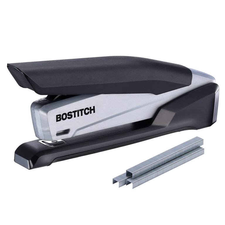 Bostitch silver and black stapler with staples on a white background