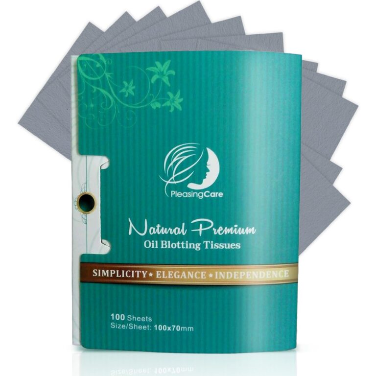 PleasingCare oil blotting tissues with gray sheets fanned out behind the package