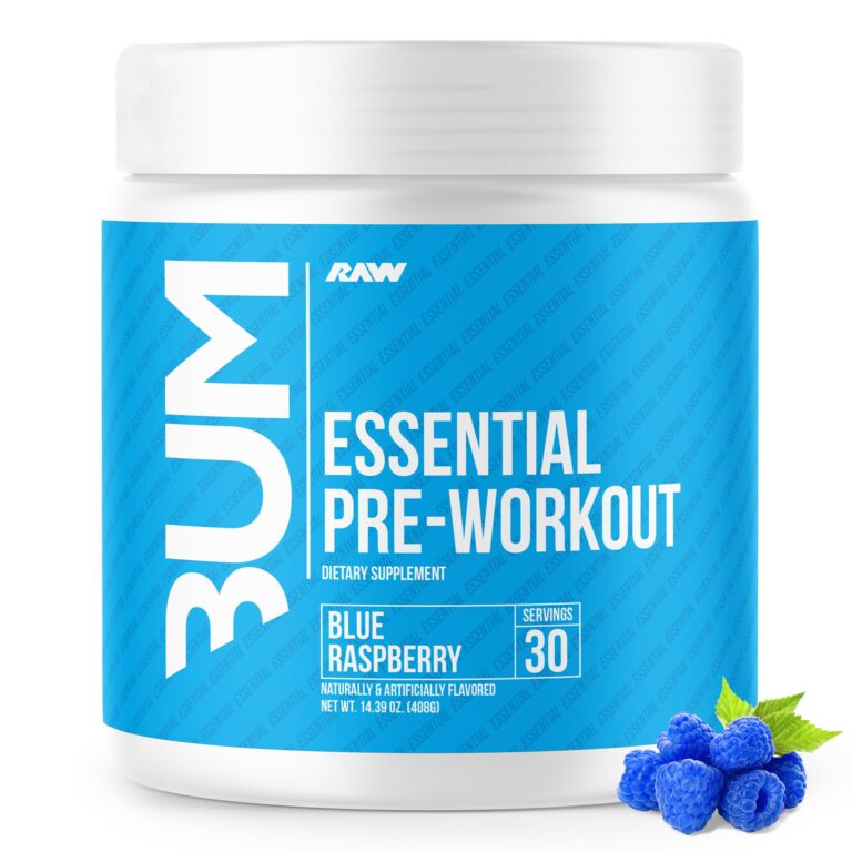 White tub of "RAW" pre-workout, "Blue Raspberry" flavor, with blue raspberries