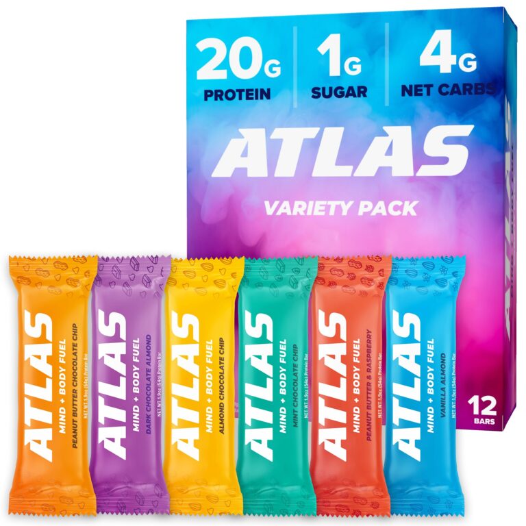 Atlas variety pack of protein bars with nutritional information