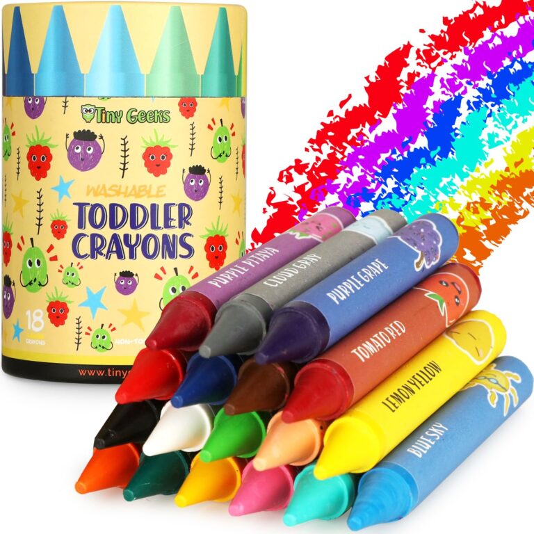 Toddler crayons in a tube with colorful crayon strokes in the background