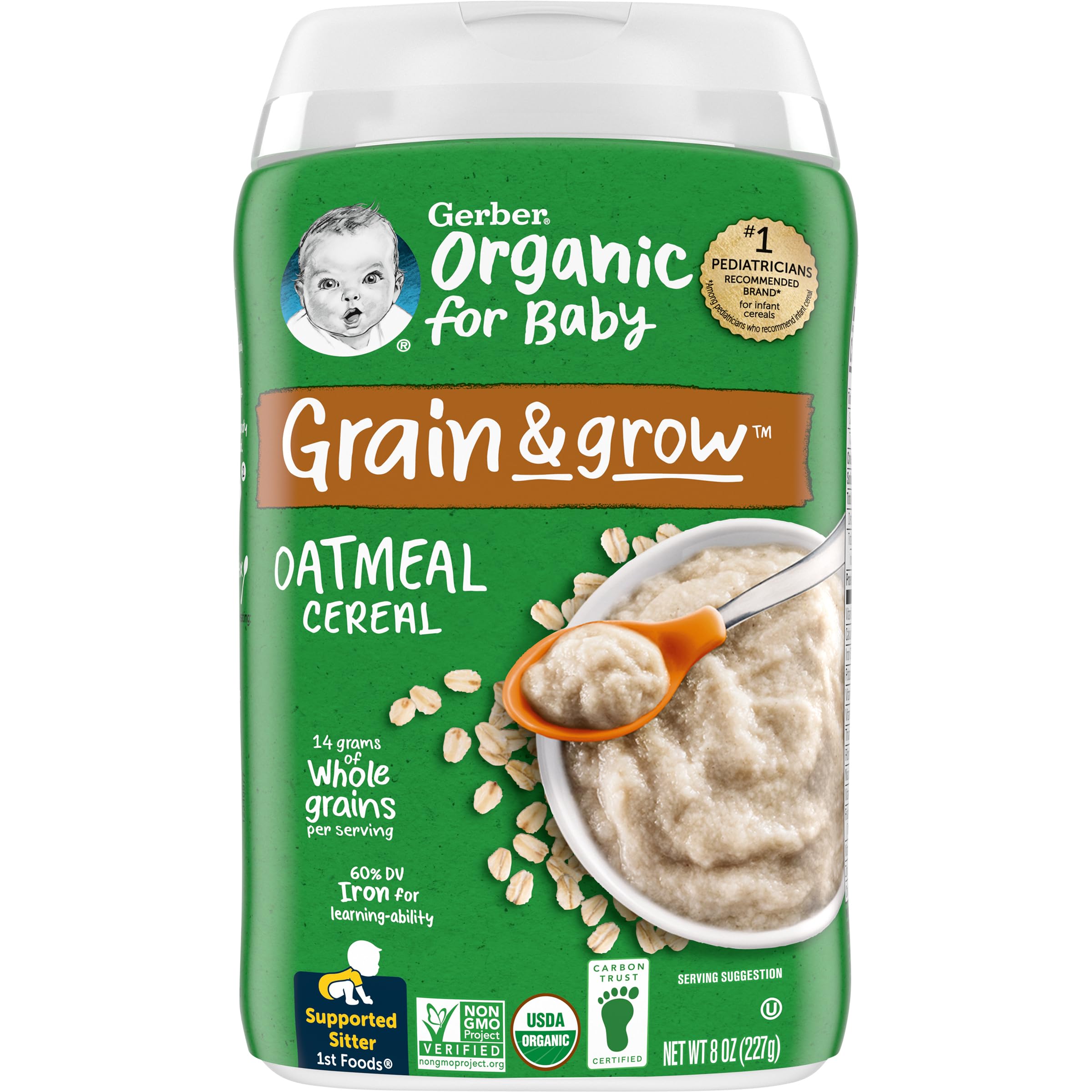 Gerber Organic Oatmeal Cereal for Baby with spoon and bowl of oatmeal