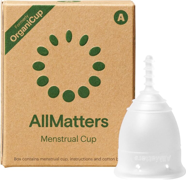 AllMatters menstrual cup next to its cardboard box packaging