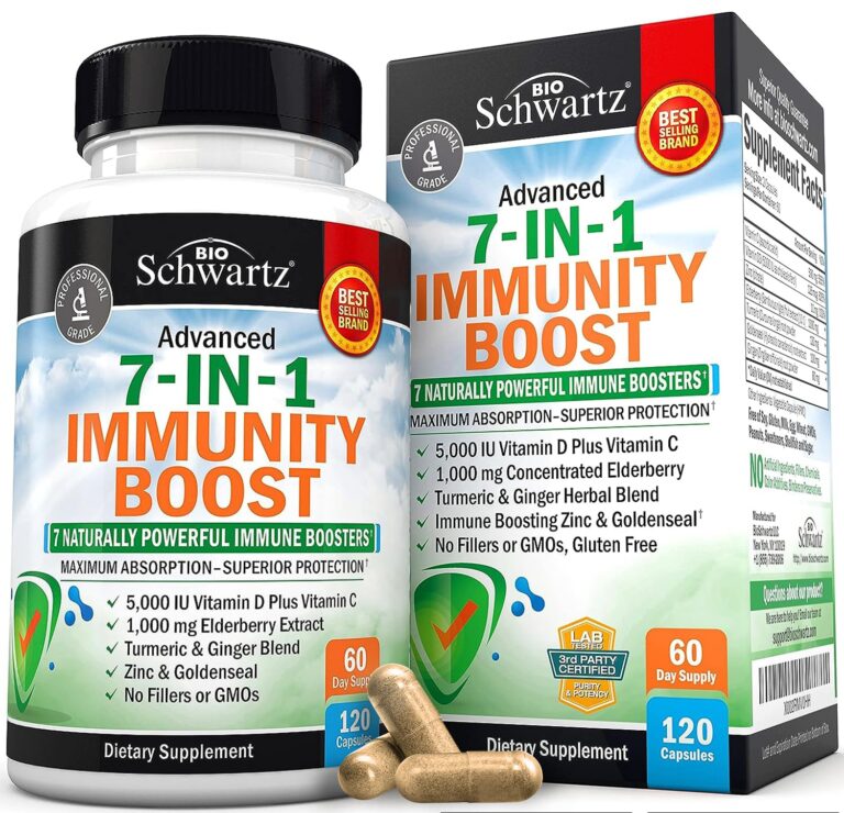 Bio Schwartz 7-in-1 Immunity Boost dietary supplement bottle and box with capsules