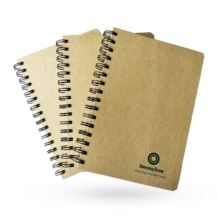 Three spiral-bound notebooks with brown covers, one with a green logo